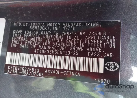 2011 Toyota Camry Le from USA, damaged, VIN 4T1BF3EK5BU123125